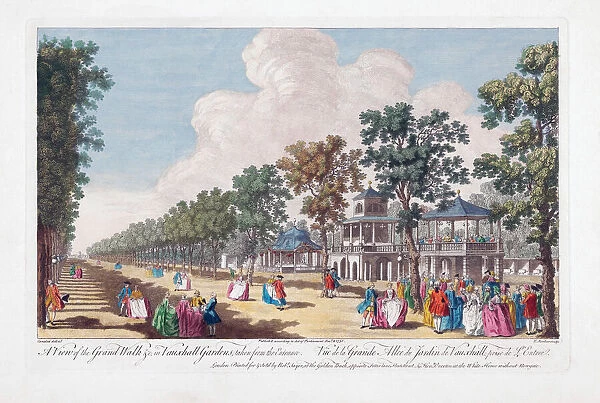 A View of the Grand Walk in Vauxhall Gardens taken from the Entrance. London, England. After a hand-coloured engraving by Edward Rooker from a work by Canaletto. Dated 1751