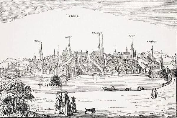 View Of Lubeck And Its Harbour In 16Th Century. After Copper Plate In Commentaria Rerum Germanicarum By P. Bertius Published Amsterdam 1616