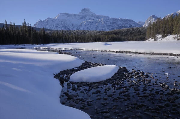 Winter On The Athabasca River In The Canadian Rockies, Jasper National Park, Alberta