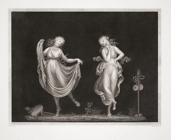 Two women in Grecian style dress dancing. From an early 19th century print engraved by Luigi Cunego after a design by sculptor Antonio Canov; Illustration