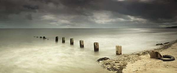 Wooden posts submerged in the water off a beach; Berwick northumberland england