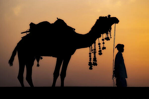Young boy standing with his decorated camel in the desert of Northern India