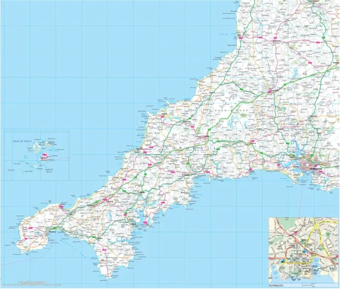 Framed Print : Cornwall County Road Map Print Framed Print : Cornwall County Road Map Print