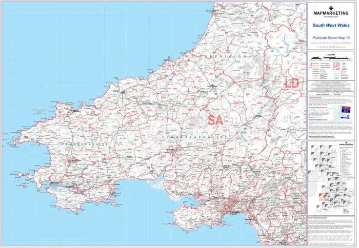 Framed Print : South West Wales Postcode Sector Map Print, Greyscale Road Network Framed Print : South West Wales Postcode Sector Map Print, Greyscale Road Network