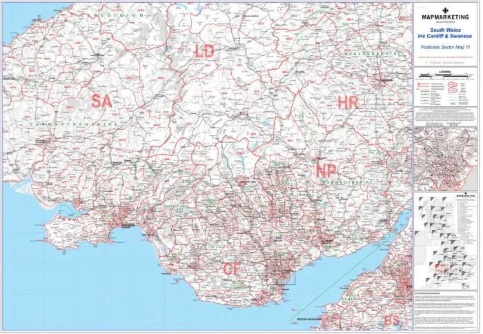 Framed Print : South Wales Postcode Sector Map Print, sheet 11 Framed Print : South Wales Postcode Sector Map Print, sheet 11