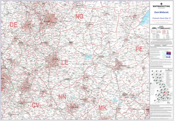 Framed Print : East Midlands Postcode Sector Map Print