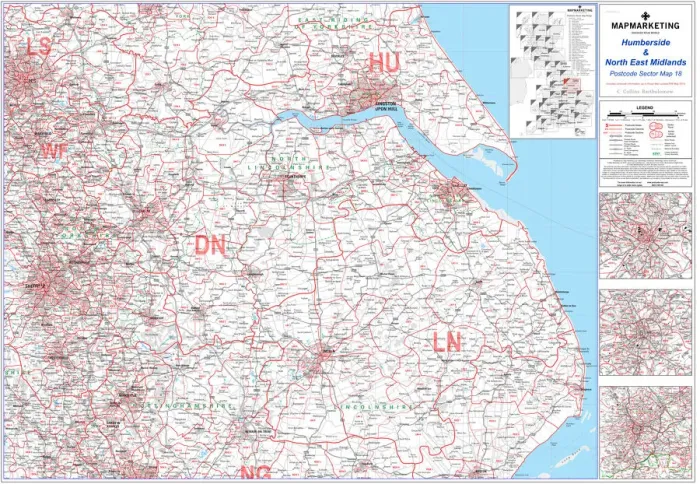 Framed Print : Humberside and North East Midlands Postcode Sector Map Print Framed Print : Humberside and North East Midlands Postcode Sector Map Print