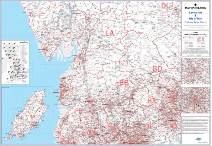 Framed Print : Lancashire and Isle of Man Postcode Sector Print Map