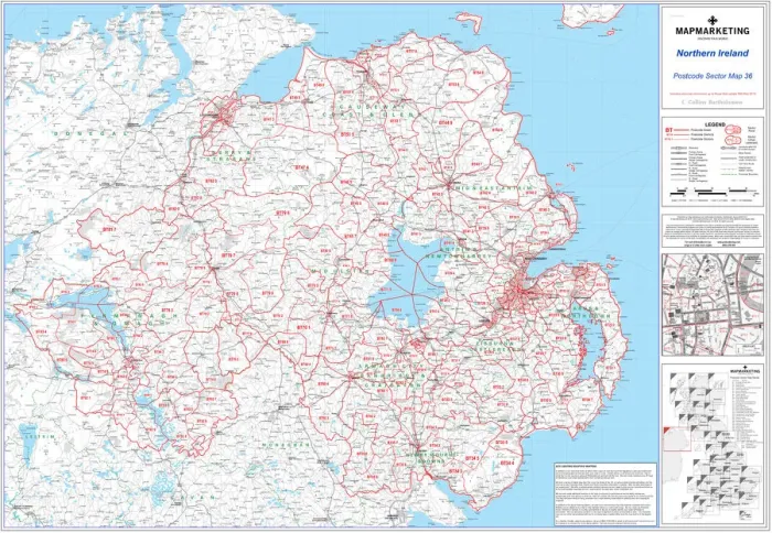 Framed Print : Northern Ireland Postcode Sector Map Print BT Area Framed Print : Northern Ireland Postcode Sector Map Print BT Area