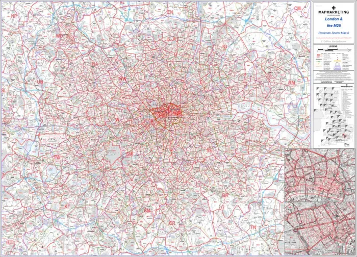 Framed Print : London and M25 Postcode Sector Map Print (Sheet 8) Framed Print : London and M25 Postcode Sector Map Print (Sheet 8)