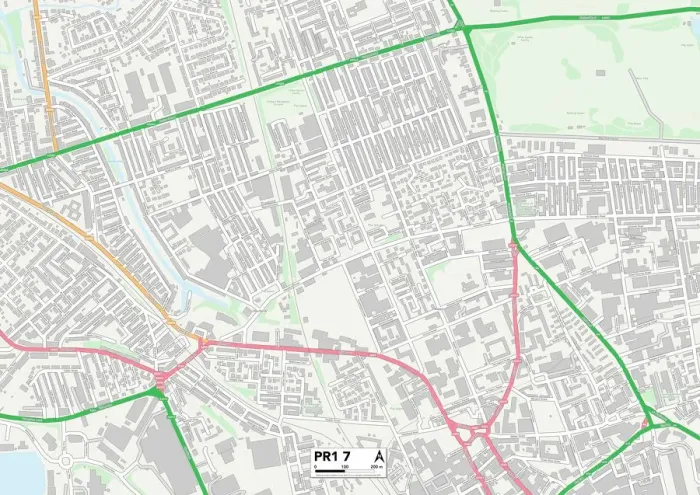 Framed Print : Preston PR1 7 Print Map Sector Overview
