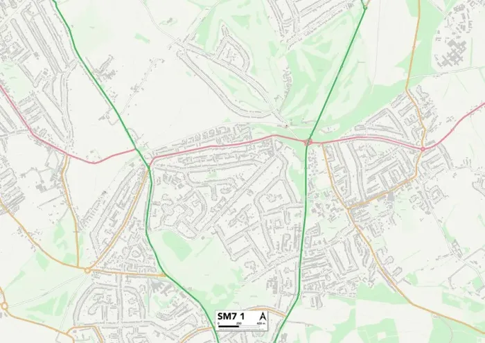 Framed Print : Reigate and Banstead SM7 1 Print Map Sector