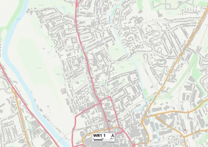 Framed Print : Worcester WR1 1 Postcode Sector Print Map Framed Print : Worcester WR1 1 Postcode Sector Print Map