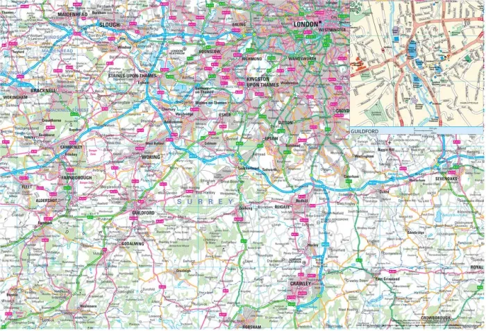 Framed Print : Surrey County Road Map Print Framed Print : Surrey County Road Map Print