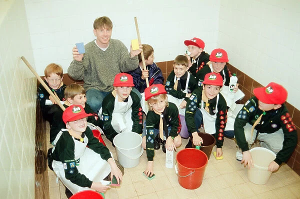 6th Norton Scout group get stuck in cleaning the bath at Ayresome Park. 20th April 1995