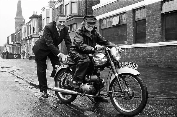 77-year-old Florrie Ball with her new motorbike. 11th February 1969