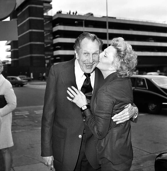 Actor Vincent Price was met at Heathrow Airport by his wife, actress Coral Browne. Mr
