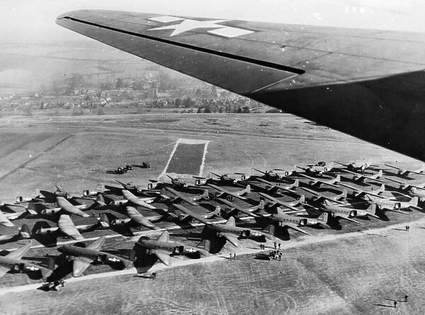 Aerial view of Douglas C-47 Skytrain aircraft and gliders of the 9th Troop Carrier