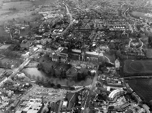 Aerial view of Lichfield Cathedral. 20th April 1988