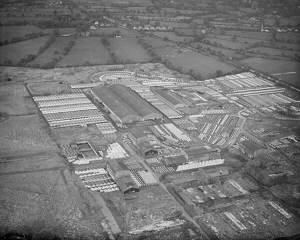 An aerial view showing some of the 16000 newly produced Austin cars which have just come