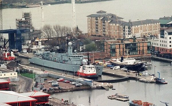 An aerial view showing ships at Naval London Docklands December 1997