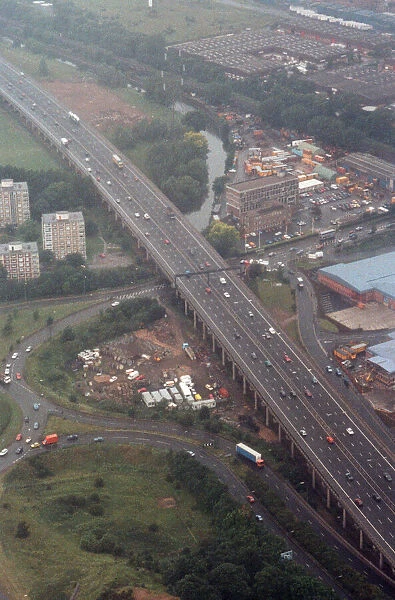 Aerial view of traffic in Birmingham, from the BRMB Radio flying eye. 18th June 1990