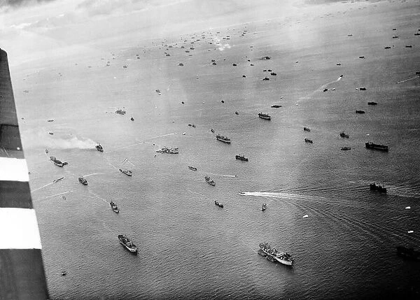 Allied shipping waits off the coast of Normandy France during WW2 1944 6th June 1944