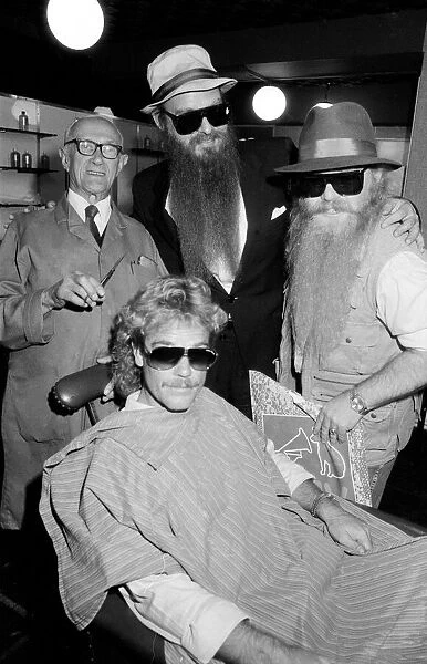 American rock group ZZ Top at a barbers, Birmingham, 16th August 1985