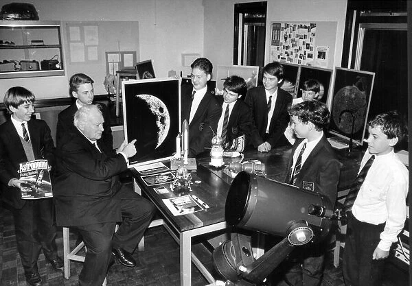 Astronomer Patrick Moore at Torquay Boys Grammar School. 18th November 1993