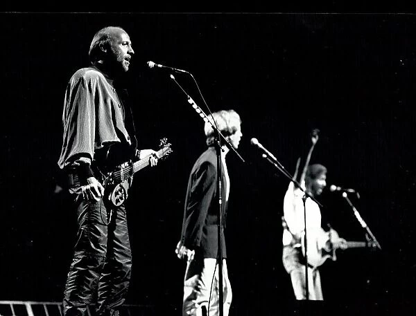 Bee Gees, in concert at the Birmingham NEC. Left to right: Maurice, Robin and Barry Gibb