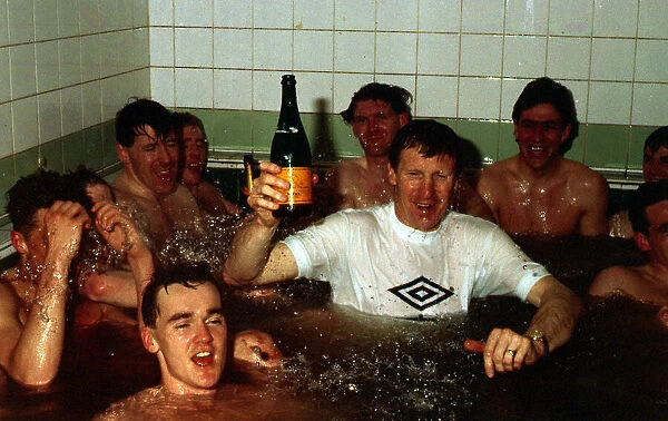 Billy McNeill in team-bath with players April 1988