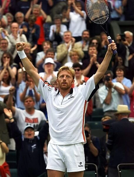 Boris Becker celebrates his victory over Nicolas Kiefer in his second round mens