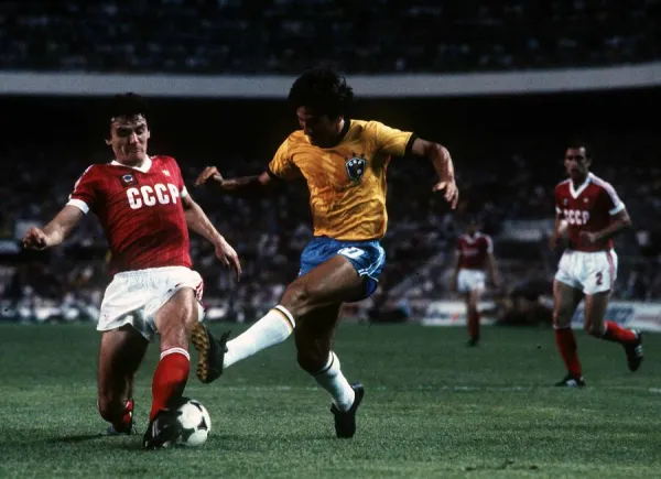 Brazil v Russia World Cup 1982 football a soviet defender foils a shot by