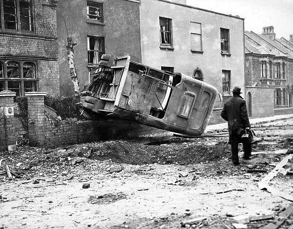 Bus hit by a bomb in Bristol. March 1941