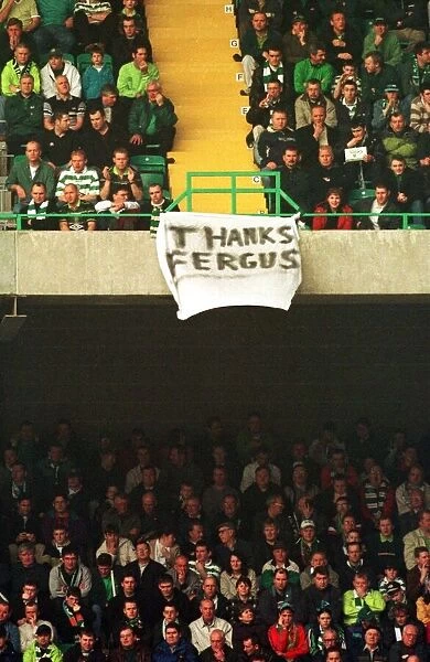Celtic fans with Thank Fergus banner hanging from stand April 1999 at Fergus McCann