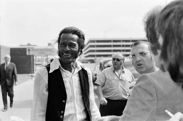Chuck Berry arriving at Heathrow airport, London. 3rd August 1972