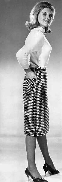 Clothing Fashion: Maureen Walker modeling a check pencil skirt
