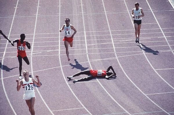 Commonwealth Games 1970 mens 400m hurdles final W Koskei of Uganda falls at