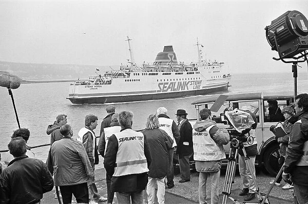 The cross channel ferry Stena Horse leaves Folkestone as David Jason films the Darling