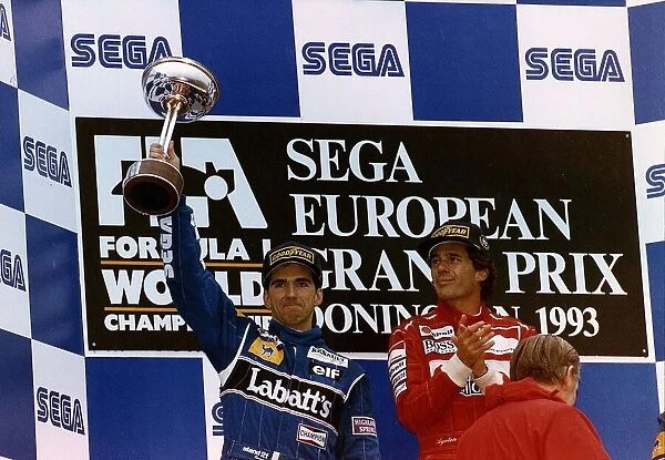 Damon Hill Formula 1 Motor Racing Driver Shows His Trophy After Coming Second In The