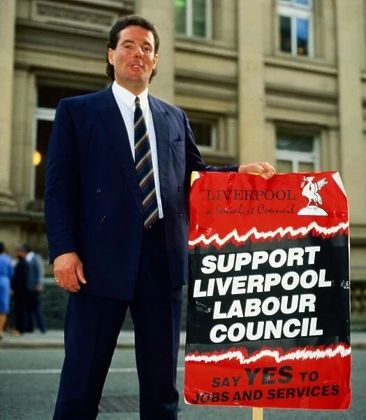 Derek Hatton of the Liverpool Labour Council holding a banner. September 1985