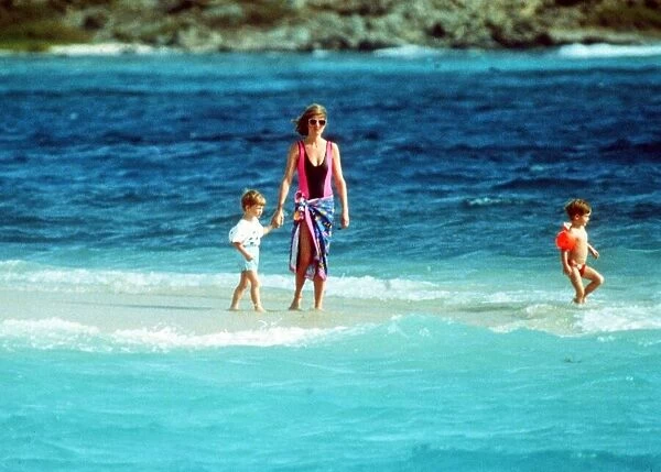Diana, Princess of Wales with her son Prince Harry on holiday on Necker Island
