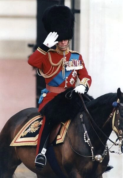 The Duke of Edinburgh. Prince Philip saluting on horse back, in full uniform. June 1994