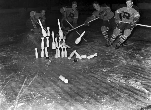 Earls Court Rangers seen here playing skittles on ice. October 1952 C5211A-001