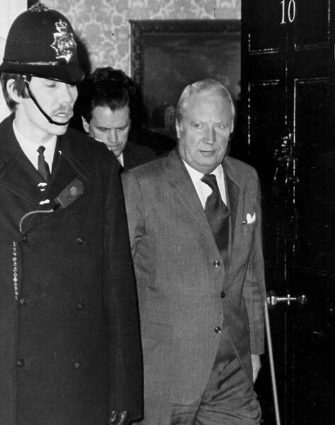 Edward Heath leaving 10 Downing Street, London during minority government crisis - March
