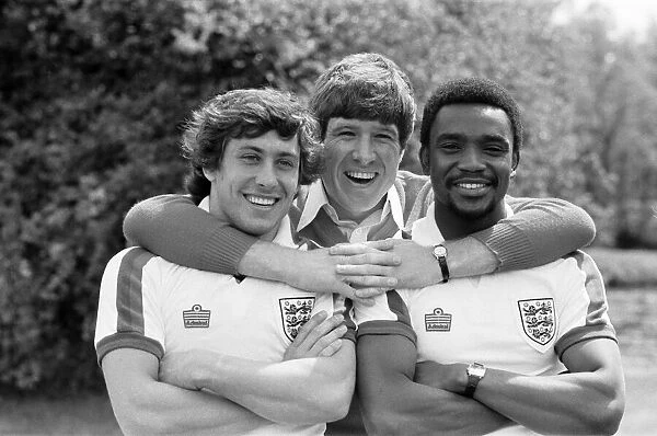 Emlyn Hughes with Englands new caps Kenny Sanson and Laurie Cunningham