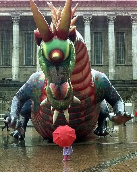 Enter the dragon... a youngster braves the rain to take a look at a giant inflatable