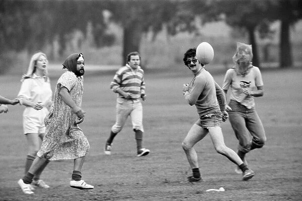 Fancy dress rugby match at Kings Meadow Park, Reading, Berkshire, July 1980