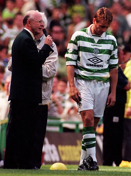 Fergus McCann speaks to Celtic crowd August 1998 under a hail of jeers whilst Tom