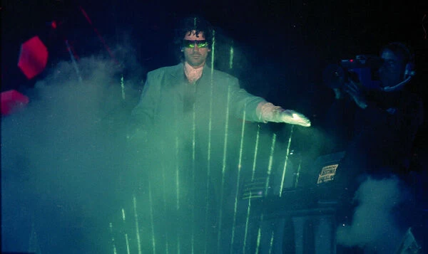 French composer and performer Jean Michel Jarre seen here on stage playing a laser harp